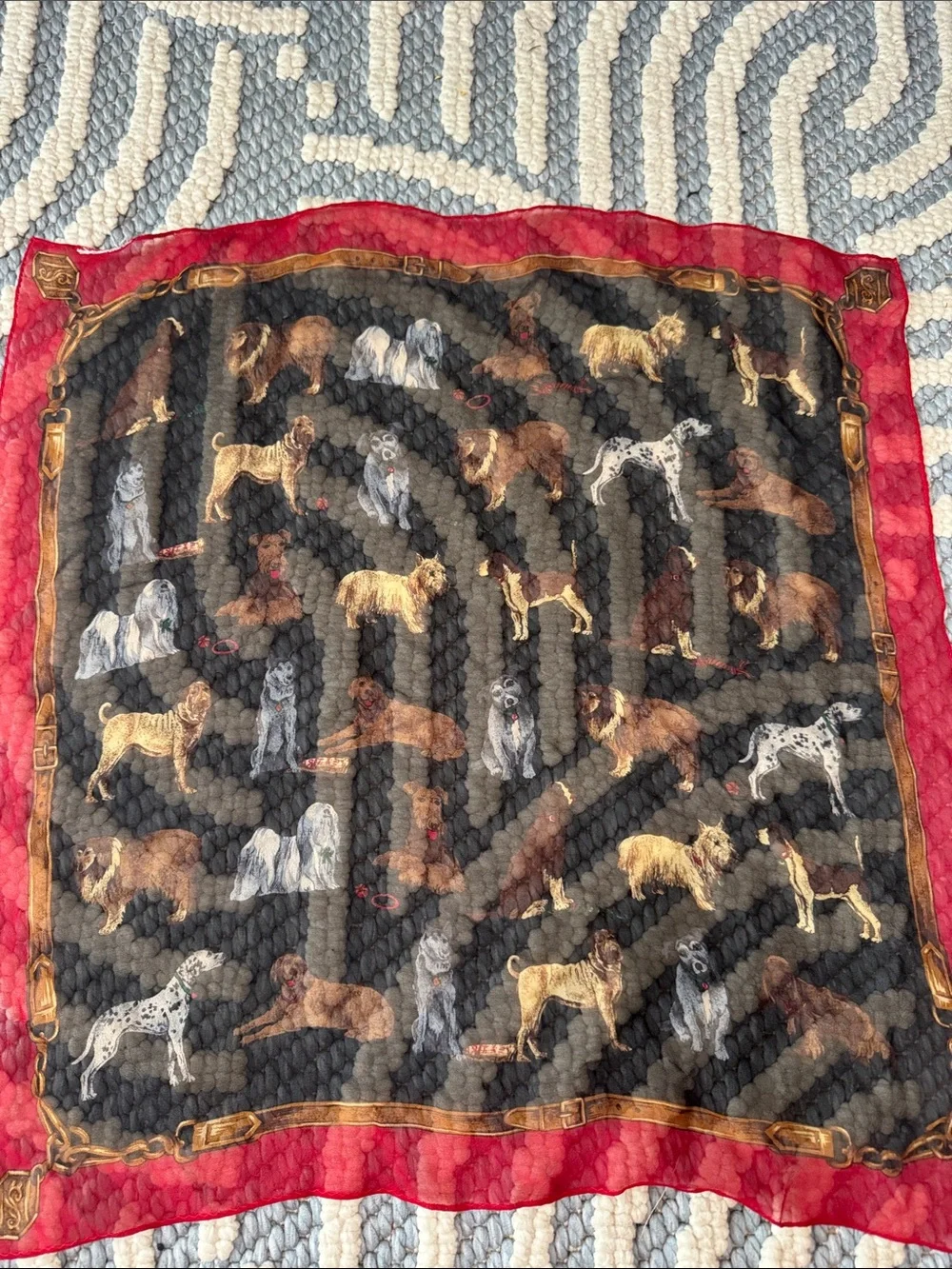 Vintage Dog Novelty Print Scarf 20x20 Red Black Silky